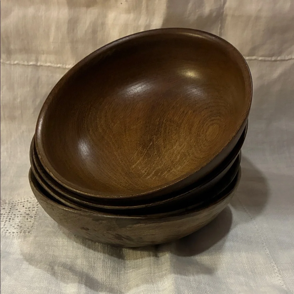 Brown Wooden Bowls Set/4 Brown Grain Bowls W/ Vintage Wear and Use From 70’s